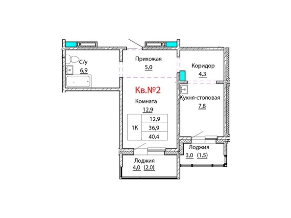 Планировка однокомнатной квартиры 40,4 кв.м