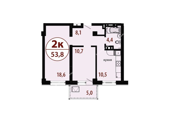 Секция 1. Планировка двухкомнатной квартиры 53,8 кв.м