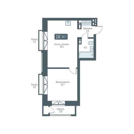 Планировка 1-комн 43,7, 43,8 м²