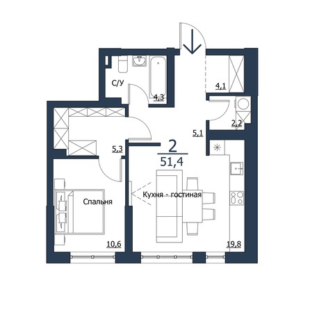 Планировка 2-комн 51,4 м²