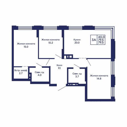 Планировка 3-комн 79,5, 79,8 м²