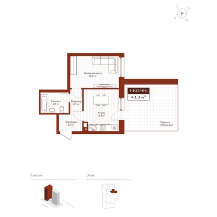 Планировка 1-комн 36,8 м²
