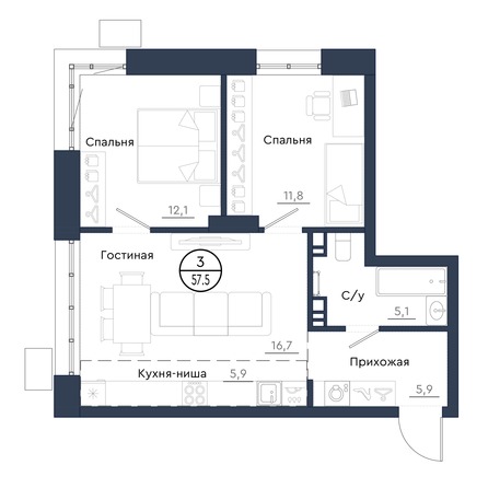 Планировка 3-комн 57,5 м²