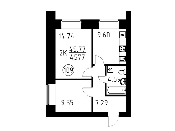 Планировка 2-комн 45,77 м²