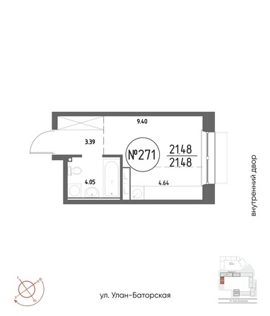 Планировка 1-комн 21,48 - 21,9 м²
