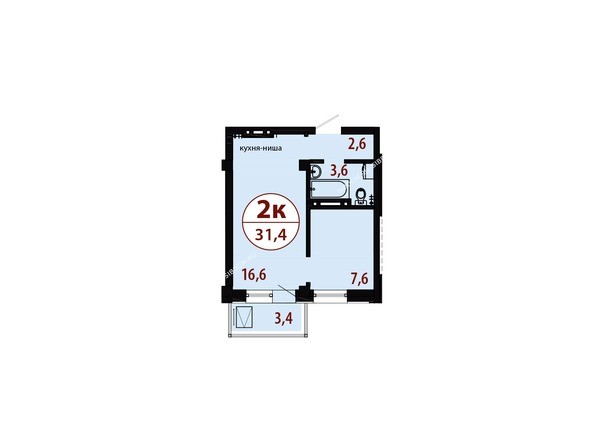 Секция 1. Планировка двухкомнатной квартиры 31,4 кв.м