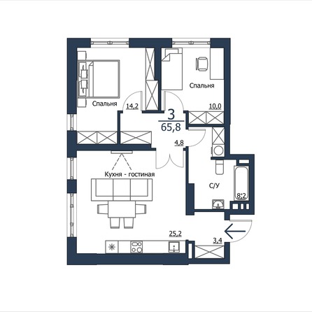 Планировка 3-комн 65,8 - 66,1 м²