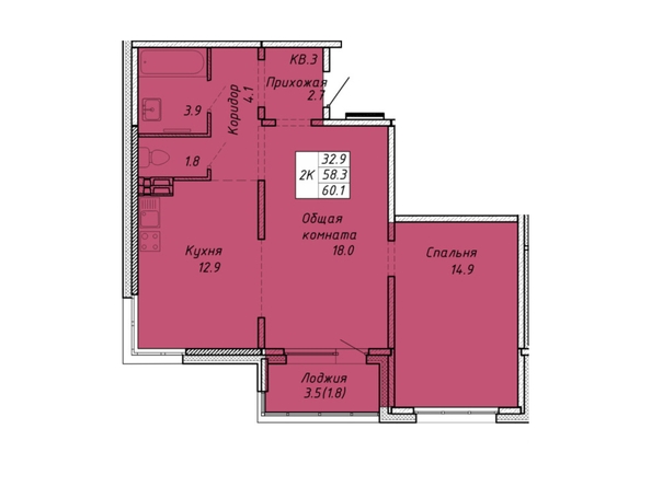 Планировка 2-комн 60,1 м²