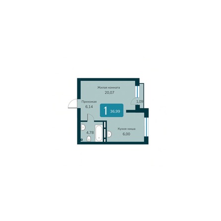 Планировка 1-комн 36,99 - 37,63 м²