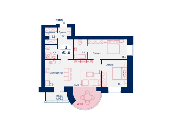 Планировка трехкомнатной квартиры 95,9 кв.м