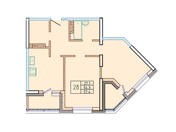 Планировка двухкомнатной квартиры 57,4 кв.м