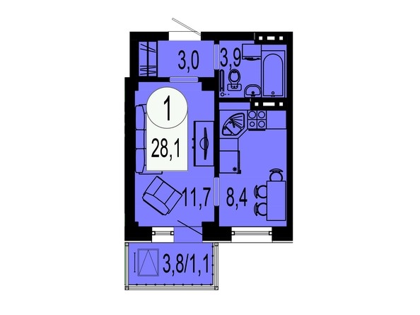 Планировка однокомнатной квартиры 28,1 кв.м