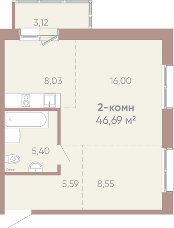 Планировка 2-комн 46,69 м²