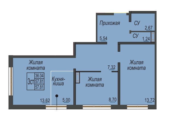 Планировка 2-комн 57,81 м²