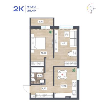Планировка 2-комн 54,82, 54,93 м²