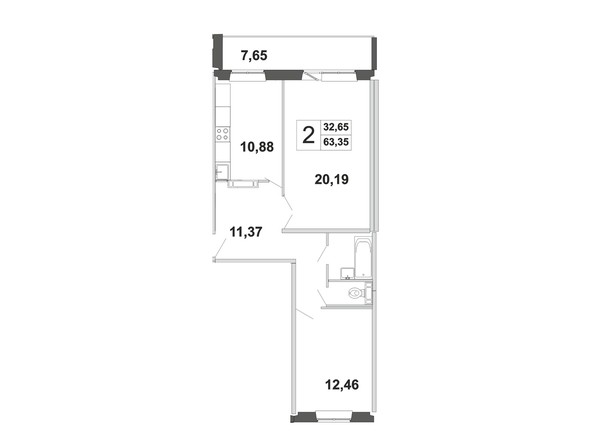 Планировка двукомнатной квартиры 63,35 кв.м