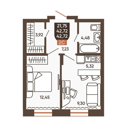 Планировка 2-комн 42,72 м²