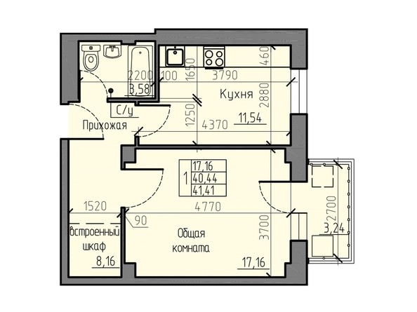 Планировка однокомнатной квартиры 41,41 кв.м