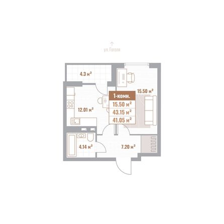 Планировка 1-комн 40,87, 41,05 м²