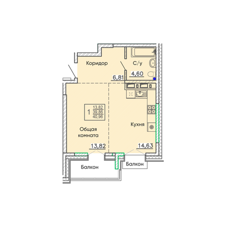 Планировка 1-комн 40,84, 40,96 м²