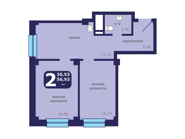 Планировка 2-комн 56,93 м²