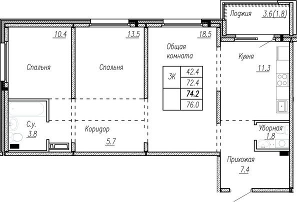 Планировка 3-комн 74,2 м²
