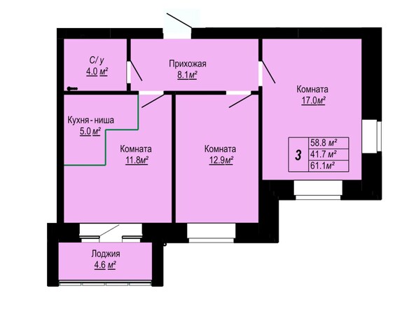 Планировка 3-комн 61,1 м²