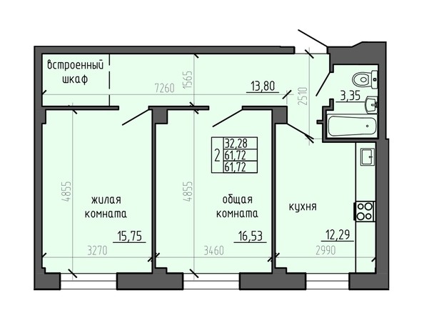 Планировка двухкомнатной квартиры 61,72 кв.м