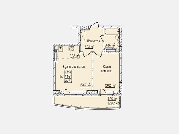 Планировка двухкомнатной квартиры 41,41 кв.м