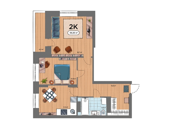 Планировка 2-комн 59,1, 59,2 м²