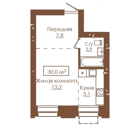 Планировка 1-комн 29,3, 30 м²