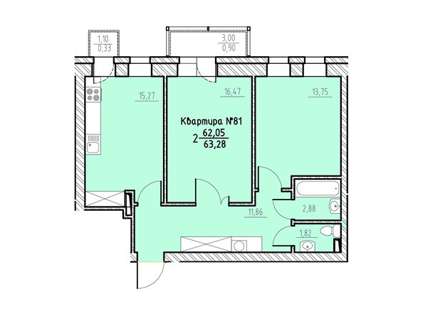 Планировка двухкомнатной квартиры 63,28 кв.м