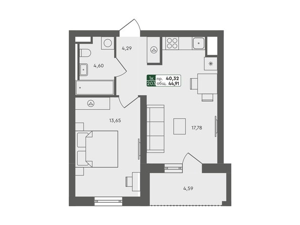 Планировка 1-комн 44,91 м²