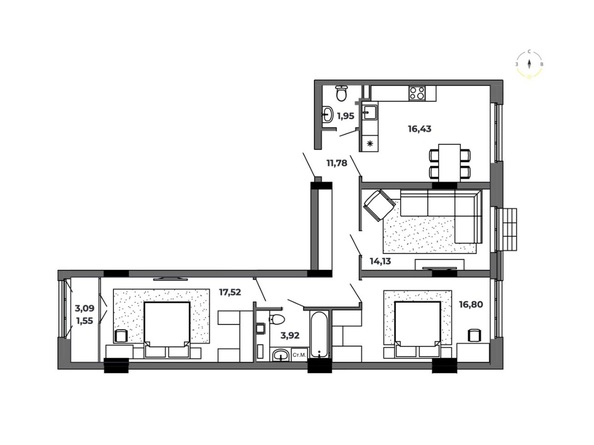 Планировка 3-комн 84,08 м²