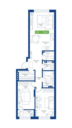 Планировка 3-комн 71,43 м²