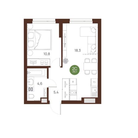 Планировка 2-комн 39,1 м²