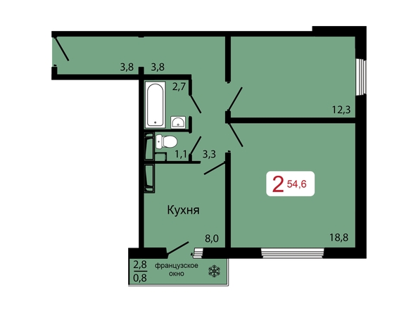 Планировка 2-комн 54,6 м²