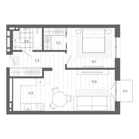 Планировка 2-комн 53,08 м²