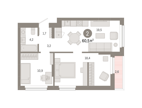 Планировка 2-комн 60,5, 60,7 м²