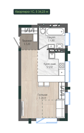 Планировка 1-комн 34,23 м²