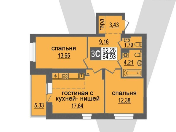 Планировка 3-комнатной 64,93 кв.м