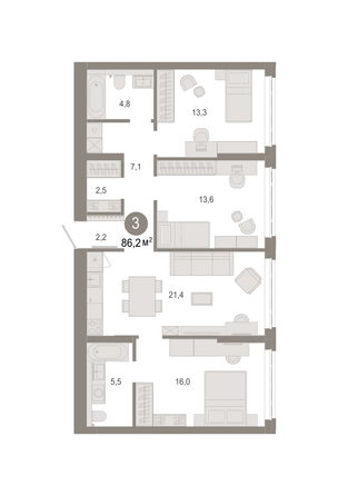 Планировка 3-комн 86,22 м²