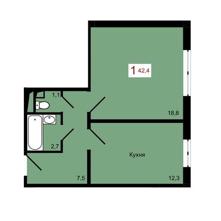 Планировка 1-комн 42,4 м²