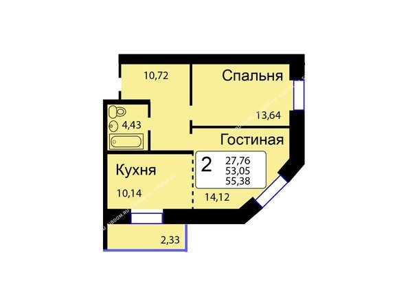Б/С - 12. Планировка двухкомнатной квартиры 55,38 кв.м. Этажи 1-9.