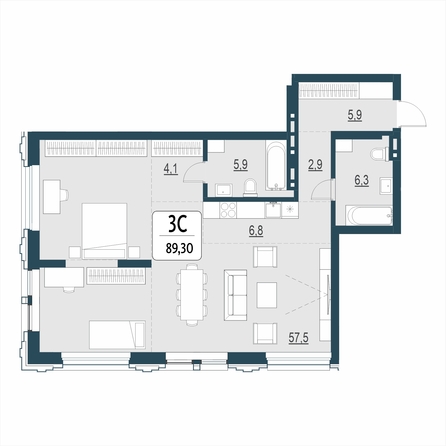 Планировка 3-комн 89,2, 89,3 м²
