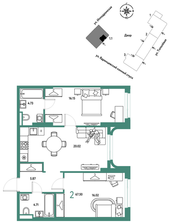 Планировка 2-комн 67,5 - 68,71 м²
