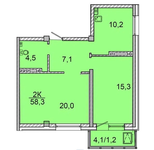 Планировка 2-комн 58 - 58,3 м²