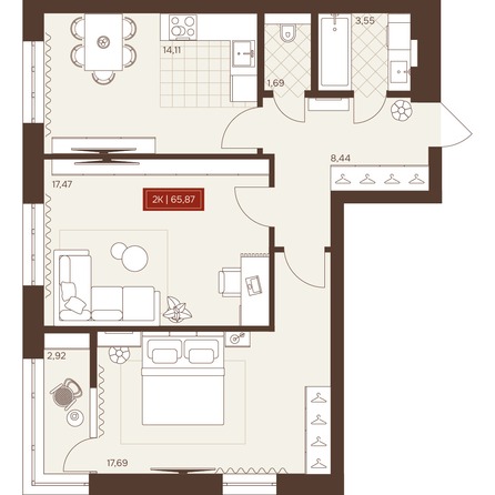 Планировка 2-комн 65,87 м²