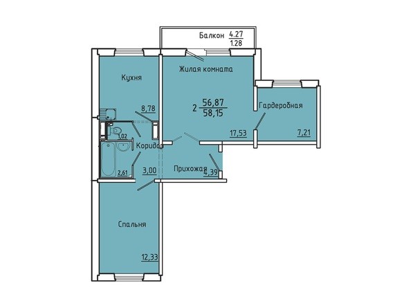 Планировка двухкомнатной квартиры 58,15 кв.м