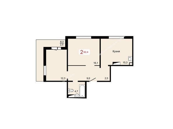 1 блок-секция. Планировка двухкомнатной квартиры 62,4 кв.м